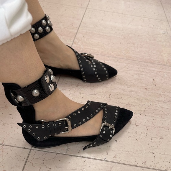 Isabel Marant Black Suede Eyelet Studded Ankle Wrap Linzy Flats - Picture 12 of 16